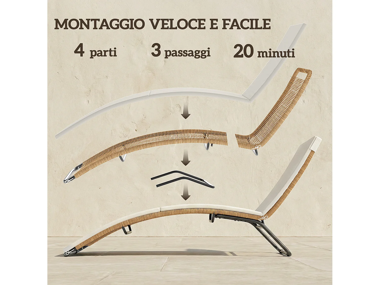 Lettino sdraio a s da esterno in rattan e acciaio 75x57x80 cm crema