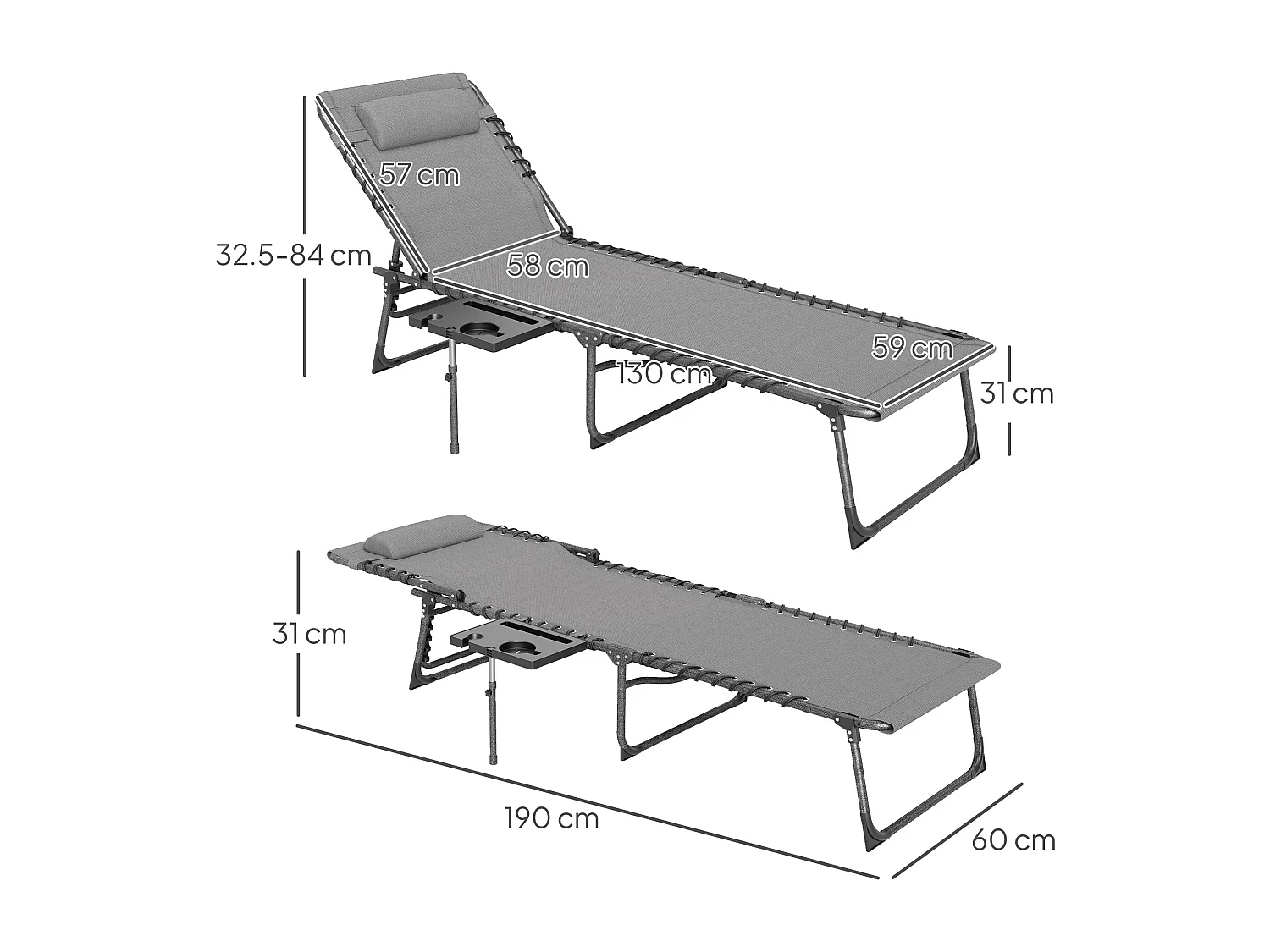 Sdraio da giardino pieghevole e reclinabile a 5 livelli grigio e nero