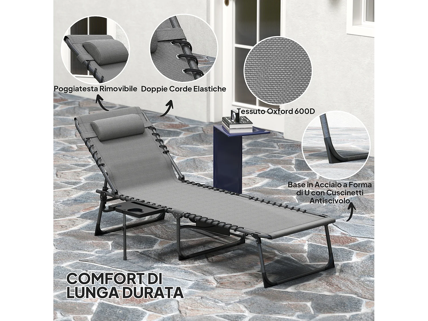 Sdraio da giardino pieghevole e reclinabile a 5 livelli grigio e nero