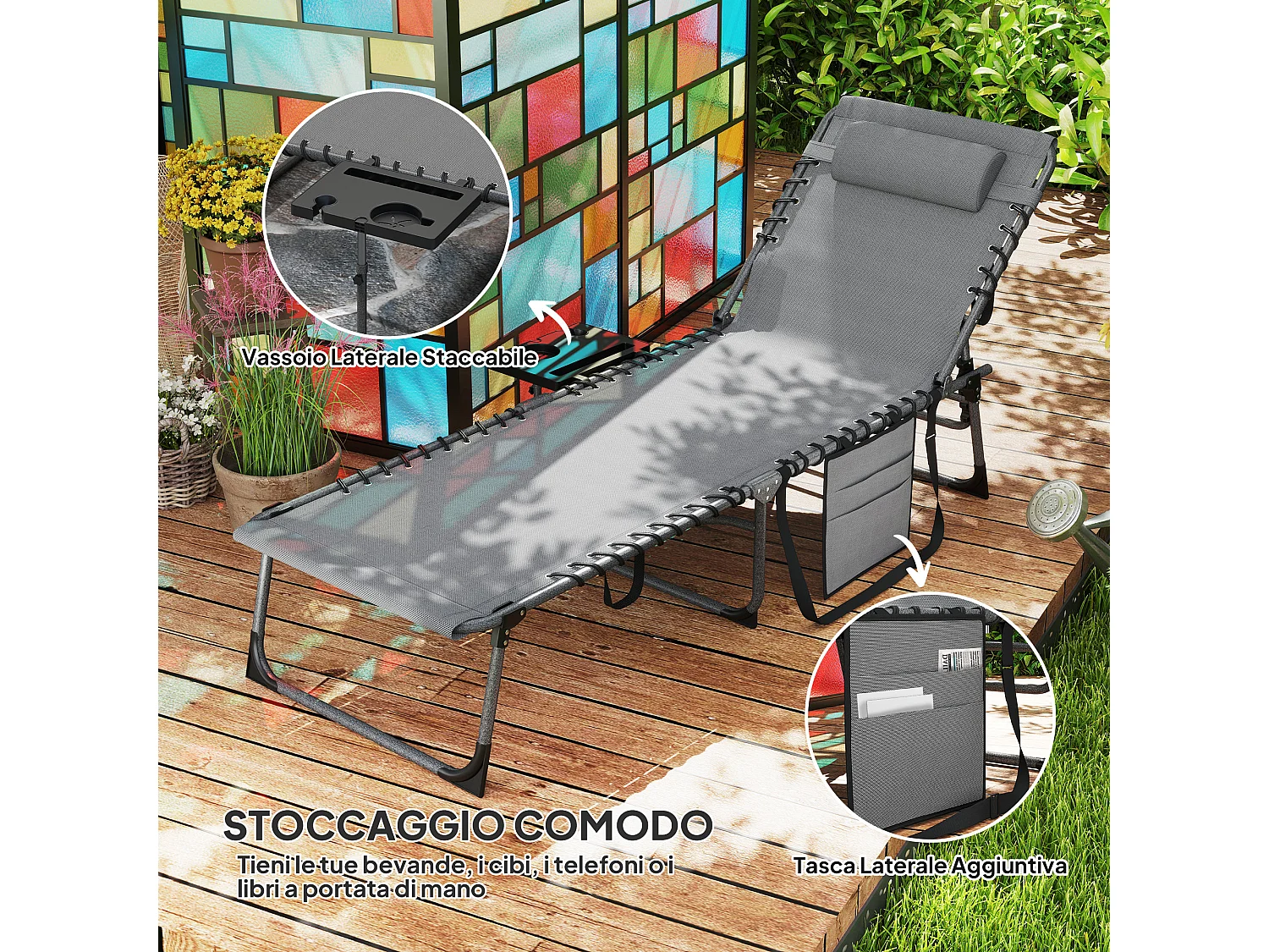 Sdraio da giardino pieghevole e reclinabile a 5 livelli grigio e nero