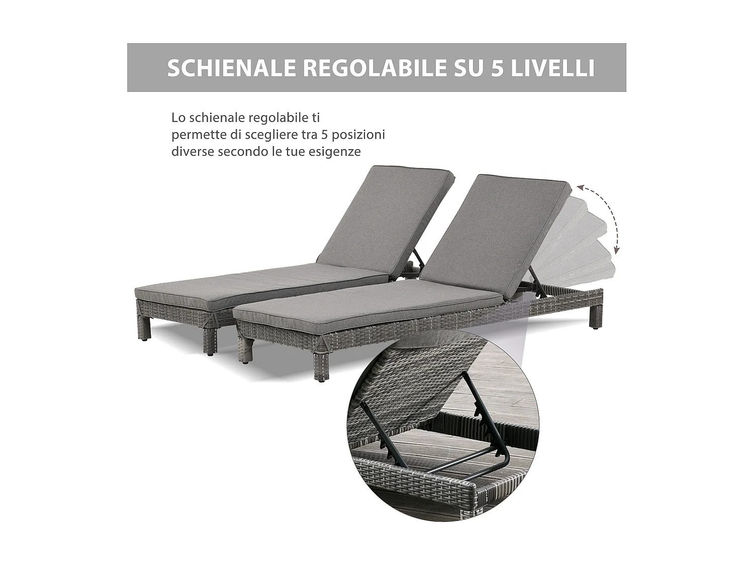 Set 2 sdraio regolabili con cuscino imbottito grigio