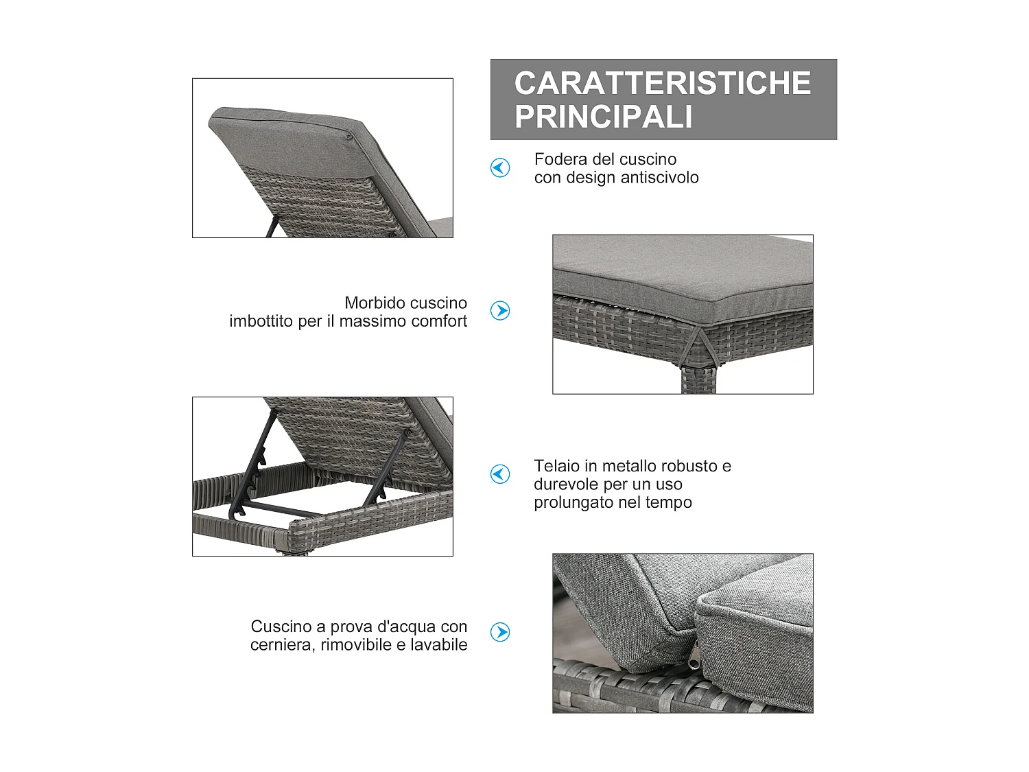 Set 2 sdraio regolabili con cuscino imbottito grigio