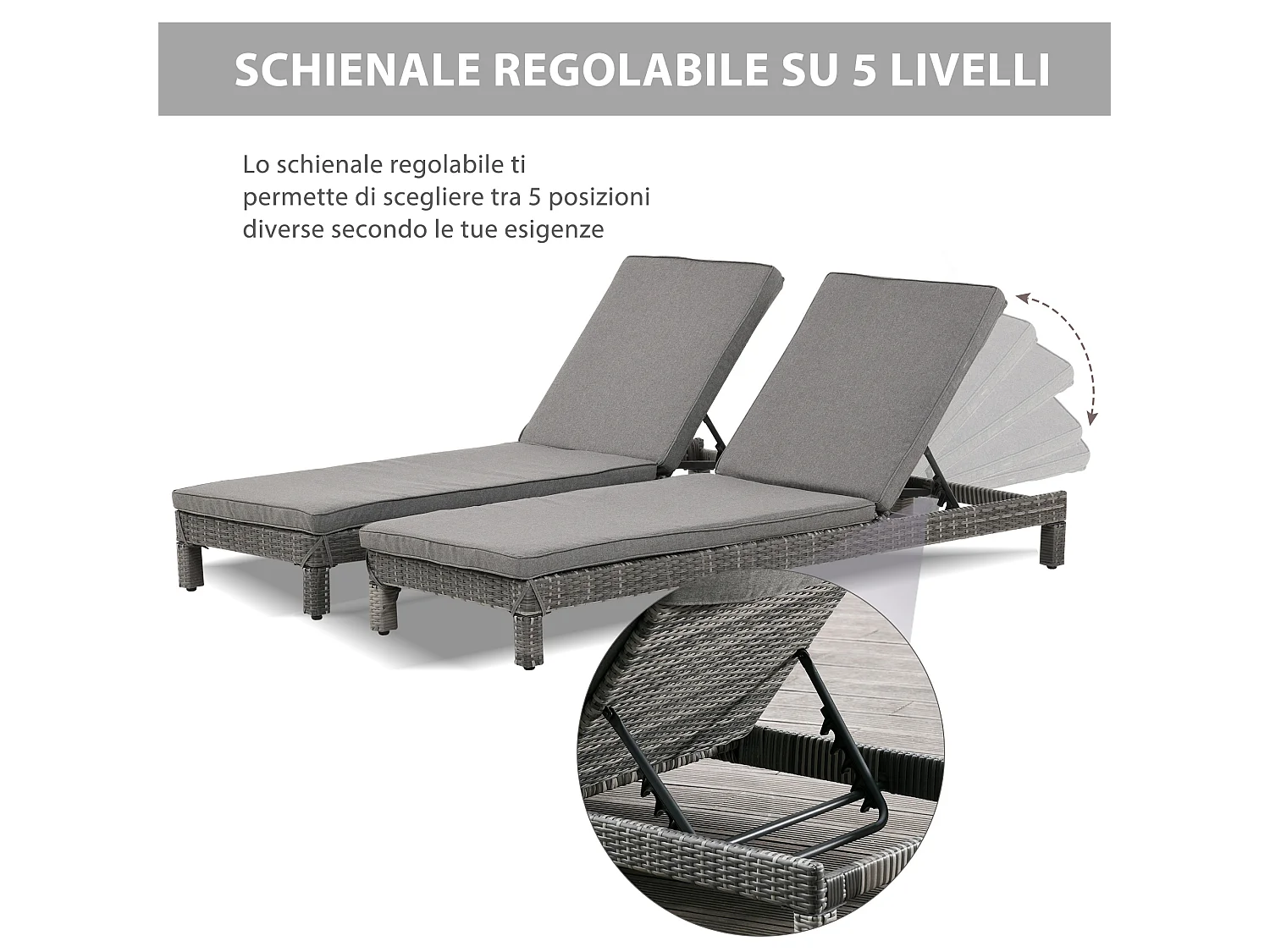 Set 2 sdraio regolabili con cuscino imbottito grigio