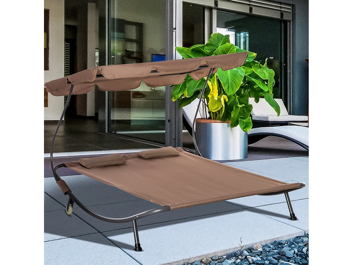 Lettino a 2 posti con tettuccio regolabile e cuscini marrone
