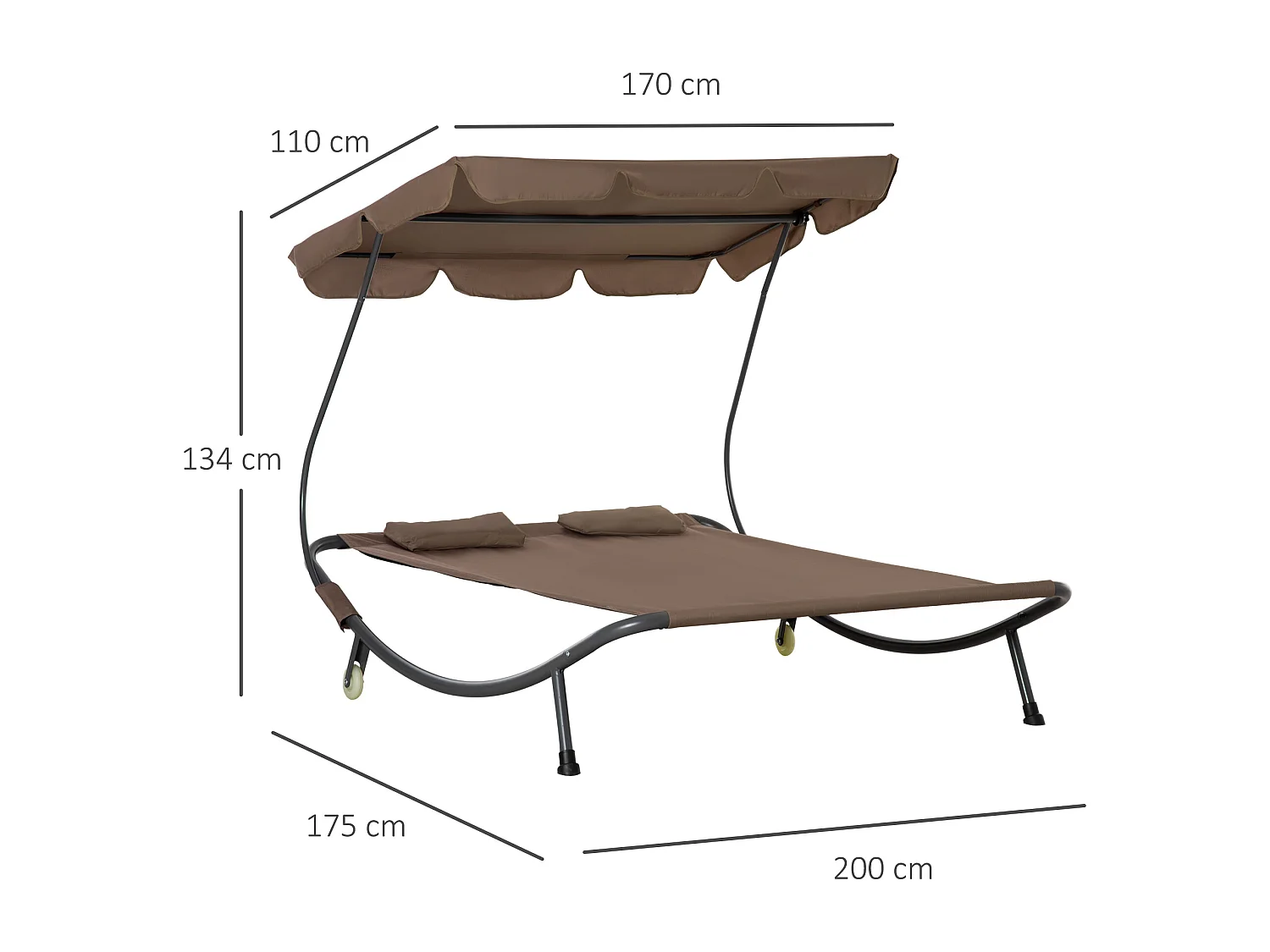 Lettino a 2 posti con tettuccio regolabile e cuscini marrone
