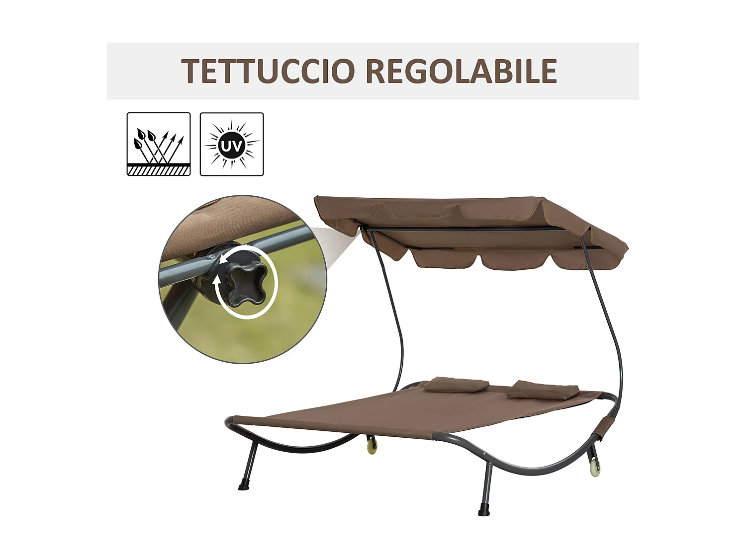 Lettino a 2 posti con tettuccio regolabile e cuscini marrone