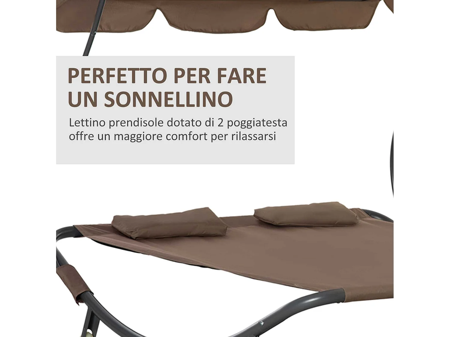 Lettino a 2 posti con tettuccio regolabile e cuscini marrone