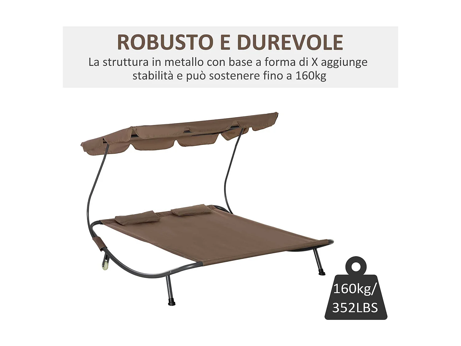 Lettino a 2 posti con tettuccio regolabile e cuscini marrone