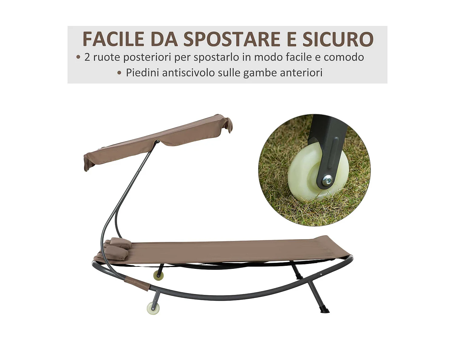 Lettino a 2 posti con tettuccio regolabile e cuscini marrone