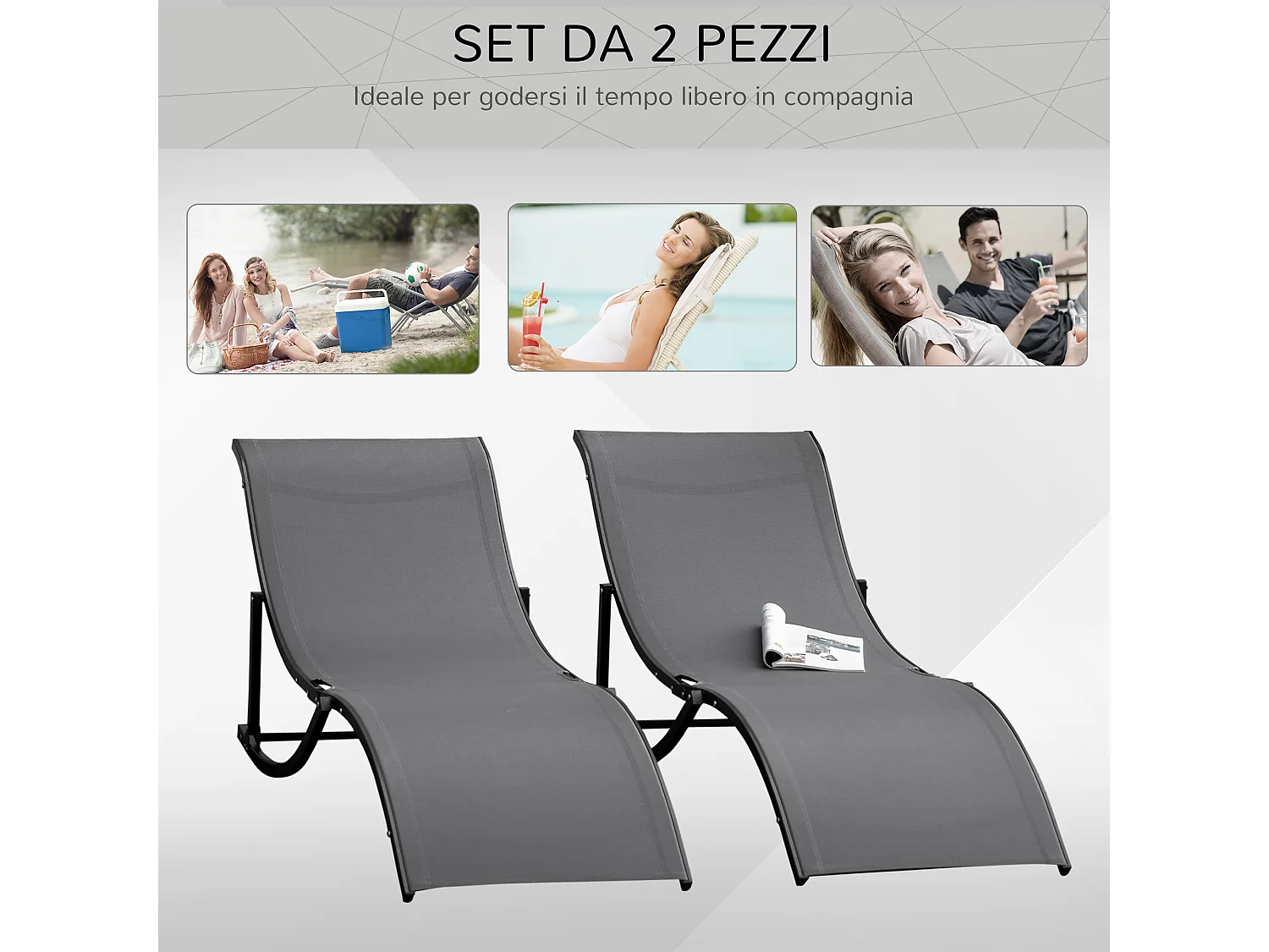Set 2 sdraio da giardino pieghevoli in alluminio e textilene
