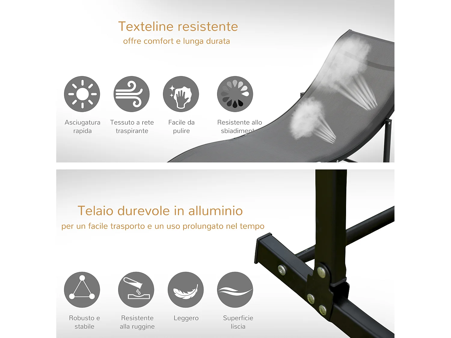 Set 2 sdraio da giardino pieghevoli in alluminio e textilene