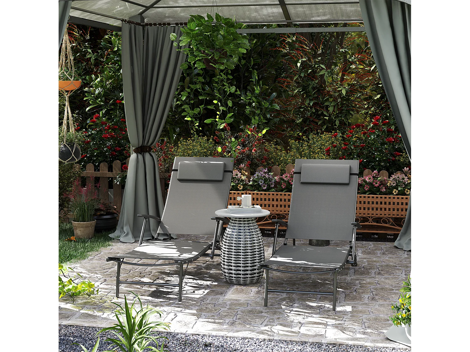 Set 2 sdraio pieghevoli con schienale reclinabile e cuscino grigio