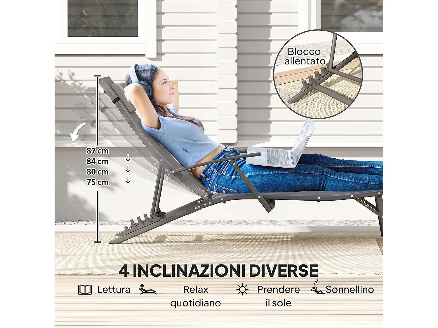 Set 2 sdraio pieghevoli con schienale reclinabile e cuscino grigio