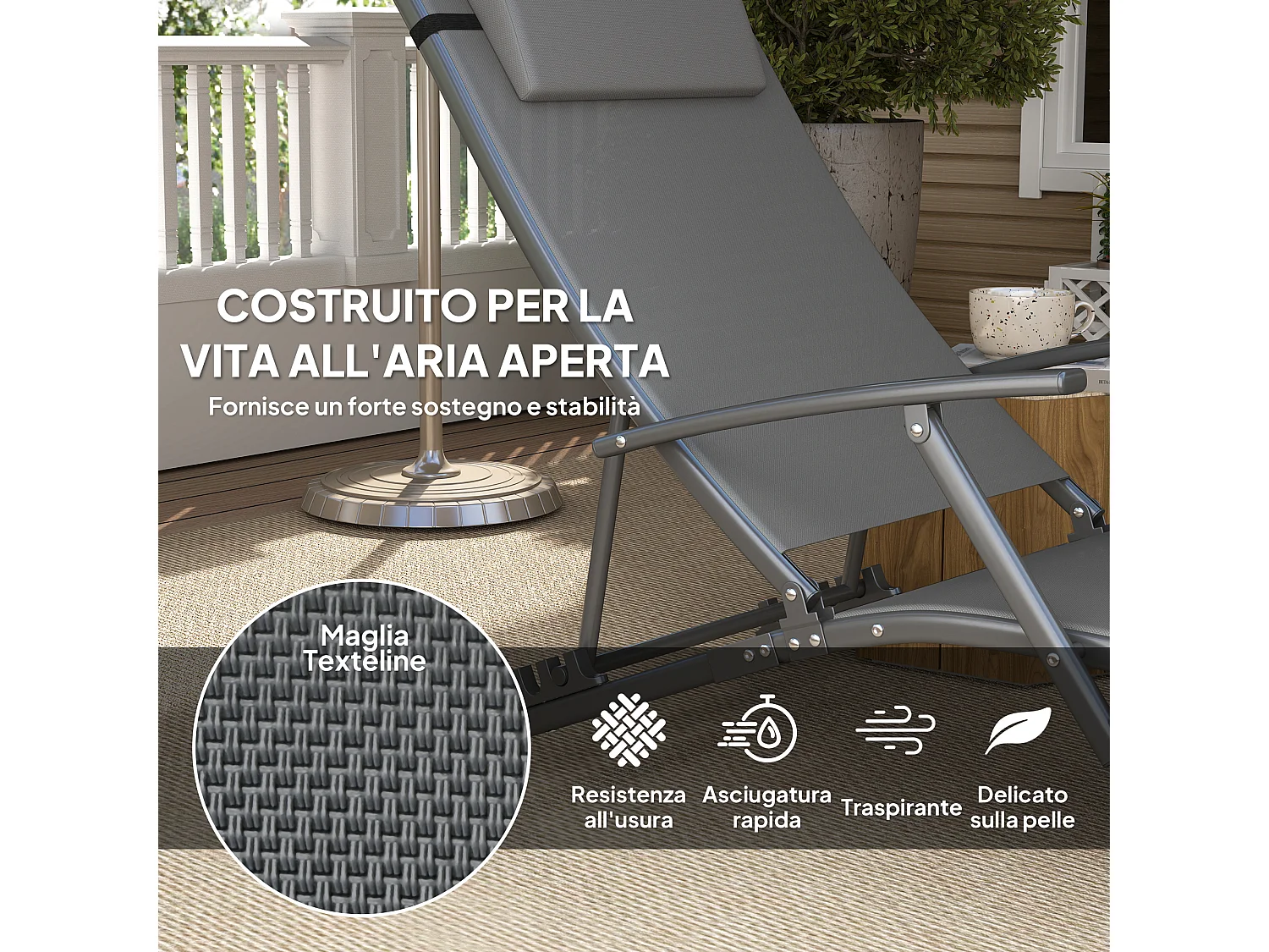 Set 2 sdraio pieghevoli con schienale reclinabile e cuscino grigio