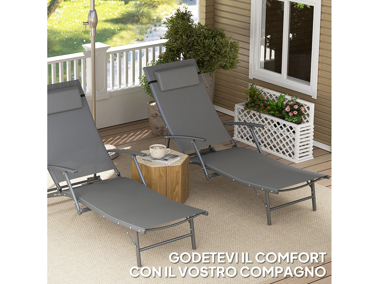 Set 2 sdraio pieghevoli con schienale reclinabile e cuscino grigio