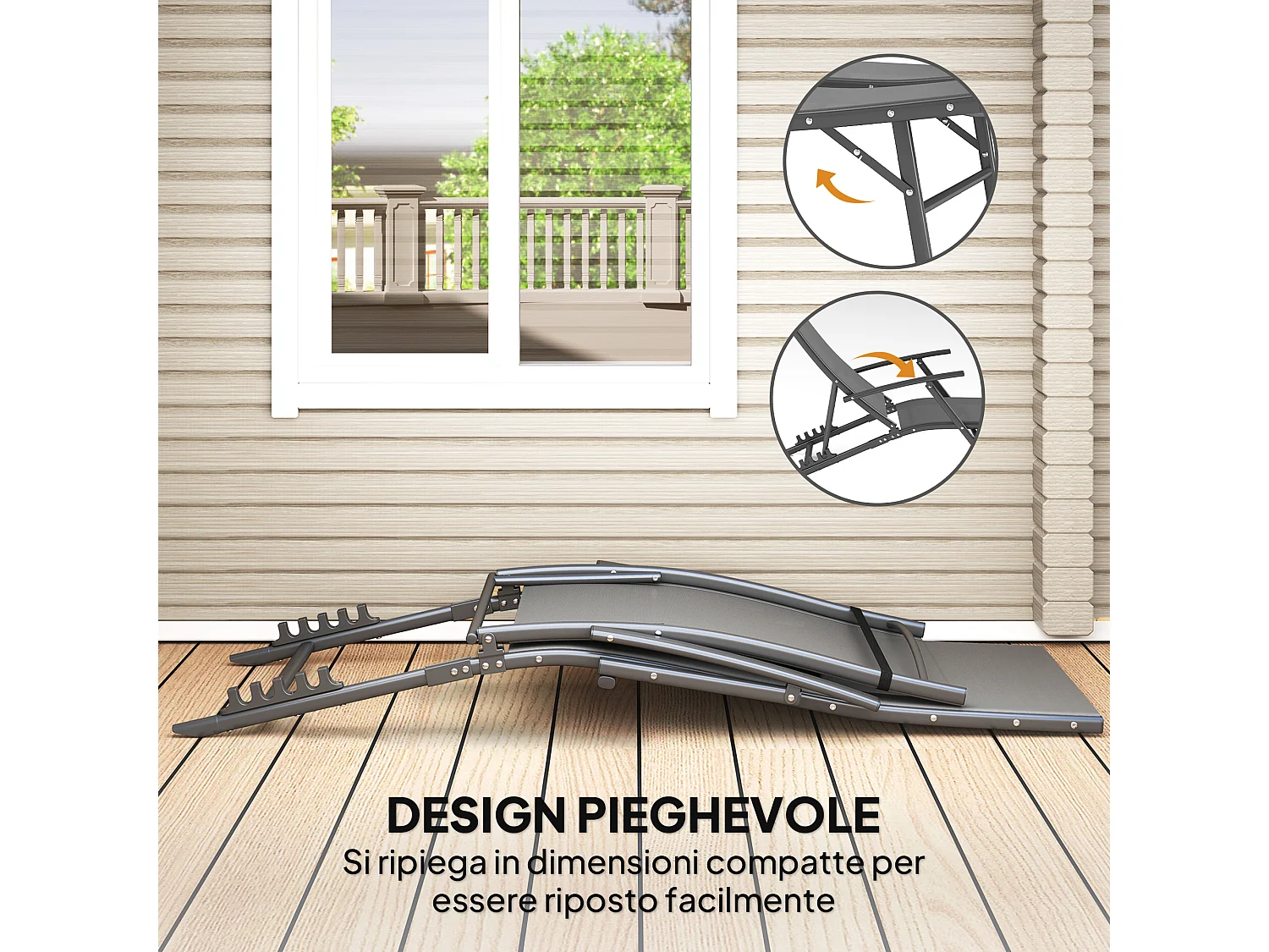 Set 2 sdraio pieghevoli con schienale reclinabile e cuscino grigio