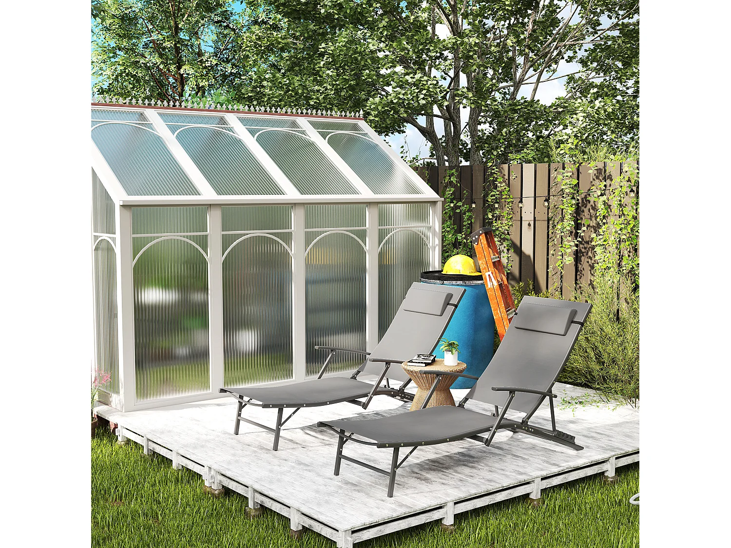 Set 2 sdraio pieghevoli con schienale reclinabile e cuscino grigio