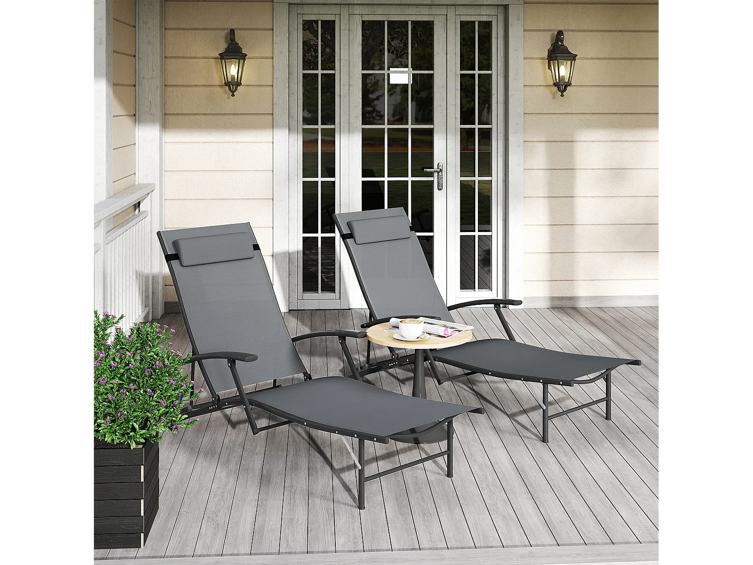 Set 2 sdraio pieghevoli con schienale reclinabile e cuscino grigio