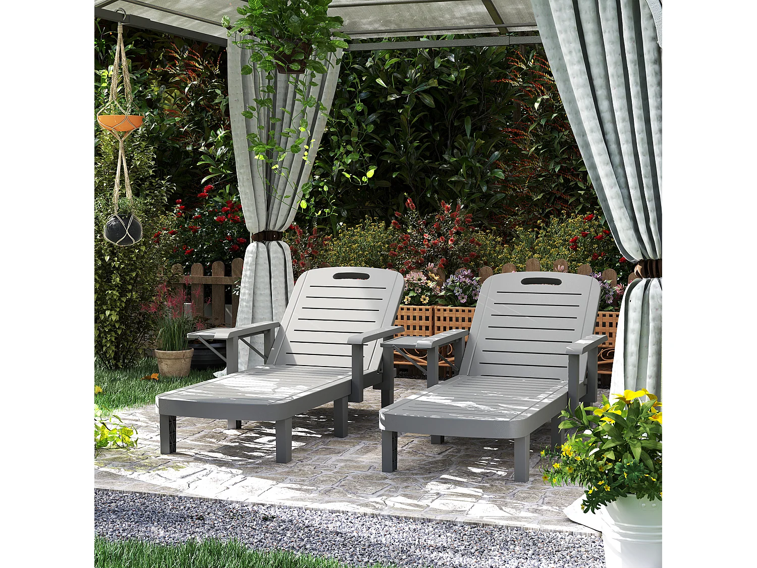 Set 2 sdraio da giardino regolabili tavolino e braccioli grigio scuro