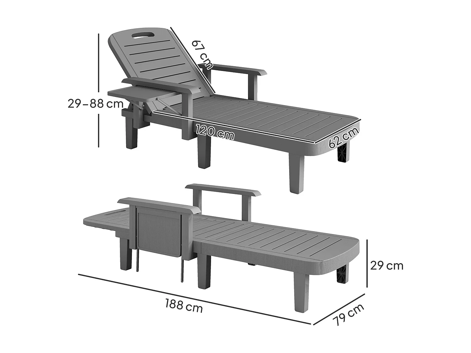 Set 2 sdraio da giardino regolabili tavolino e braccioli grigio scuro
