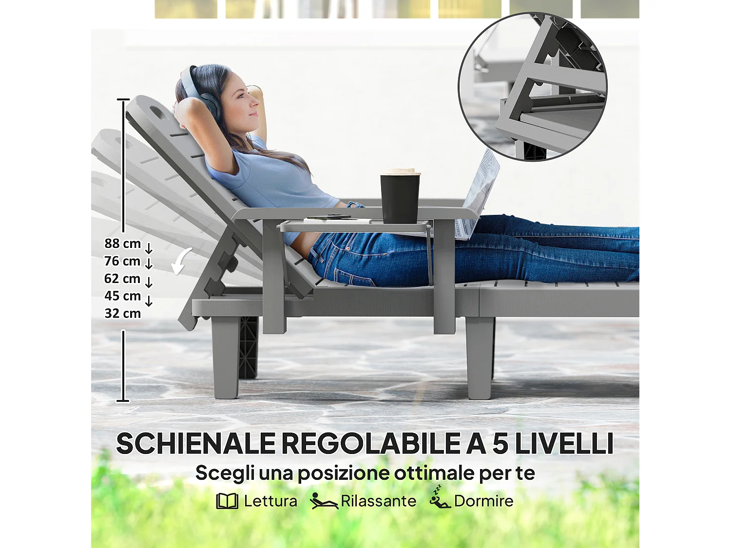 Set 2 sdraio da giardino regolabili tavolino e braccioli grigio scuro