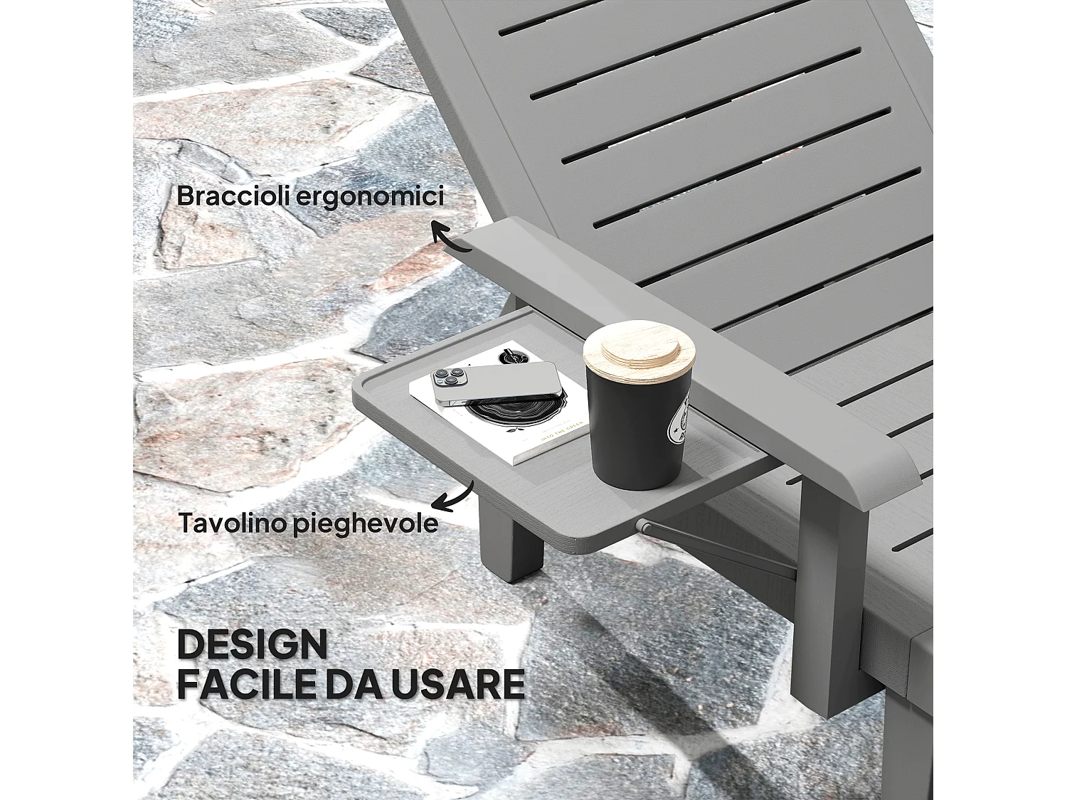Set 2 sdraio da giardino regolabili tavolino e braccioli grigio scuro