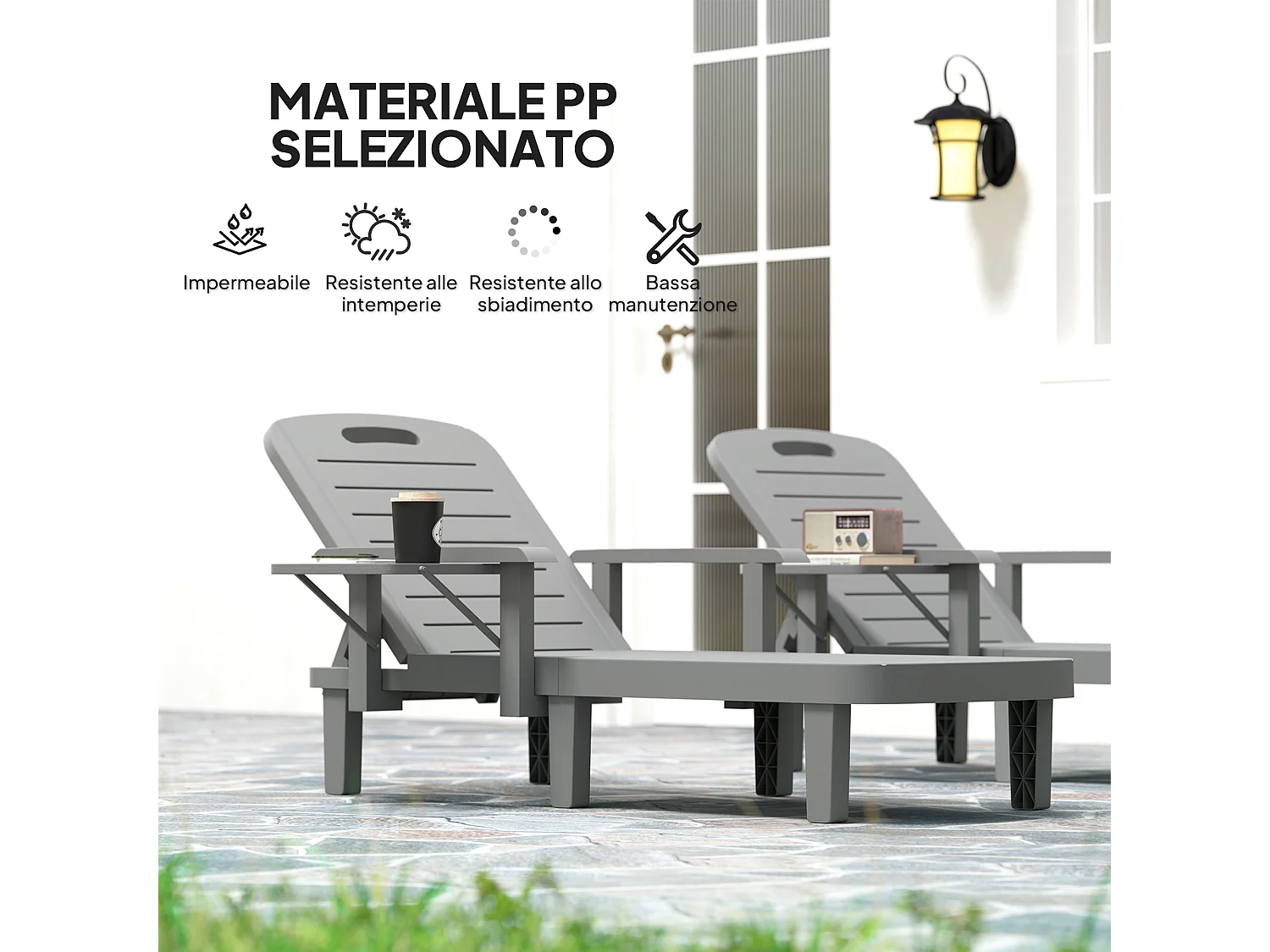 Set 2 sdraio da giardino regolabili tavolino e braccioli grigio scuro
