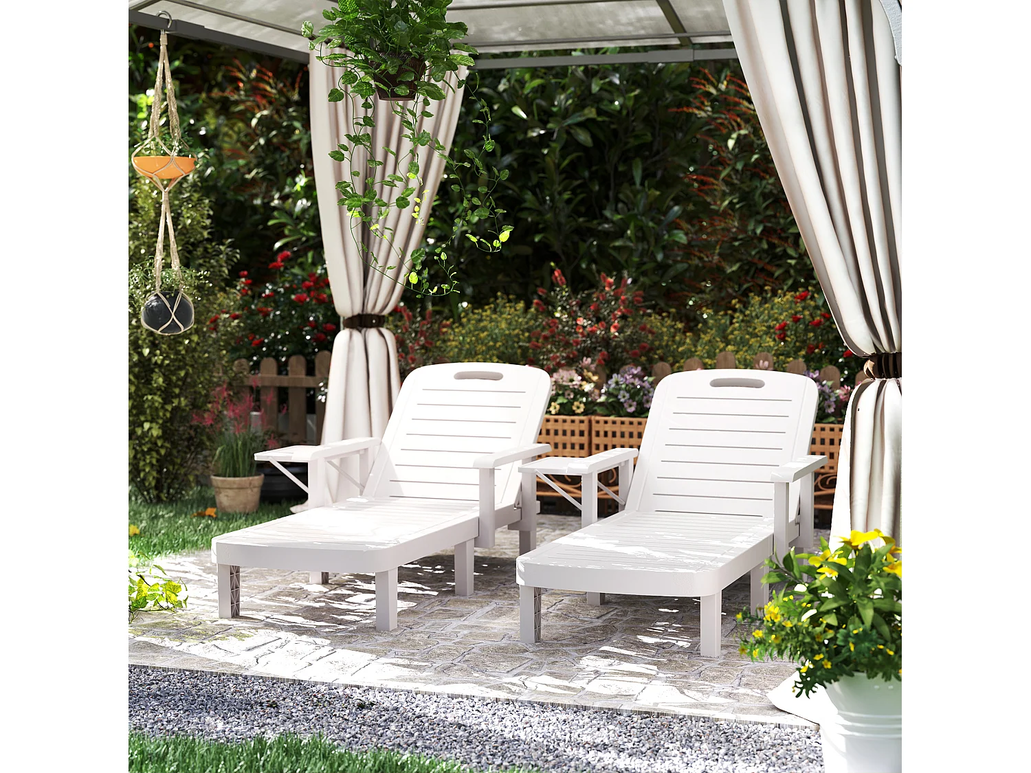 Set 2 sdraio da giardino regolabili con tavolino e braccioli bianco