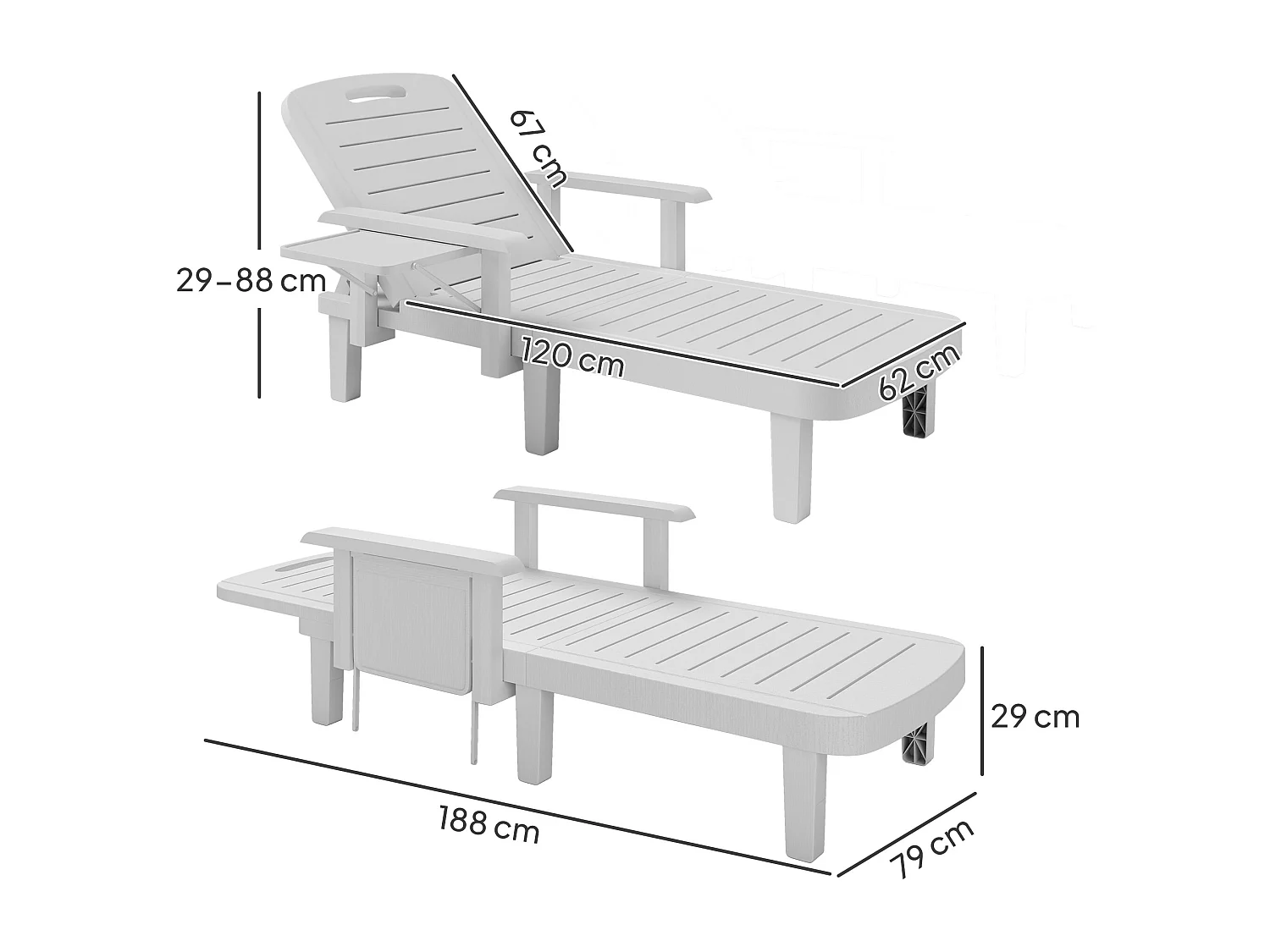 Set 2 sdraio da giardino regolabili con tavolino e braccioli bianco