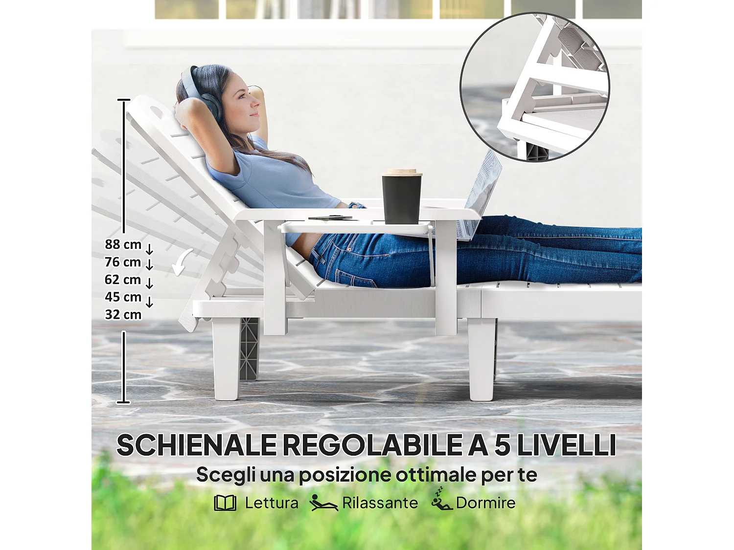 Set 2 sdraio da giardino regolabili con tavolino e braccioli bianco