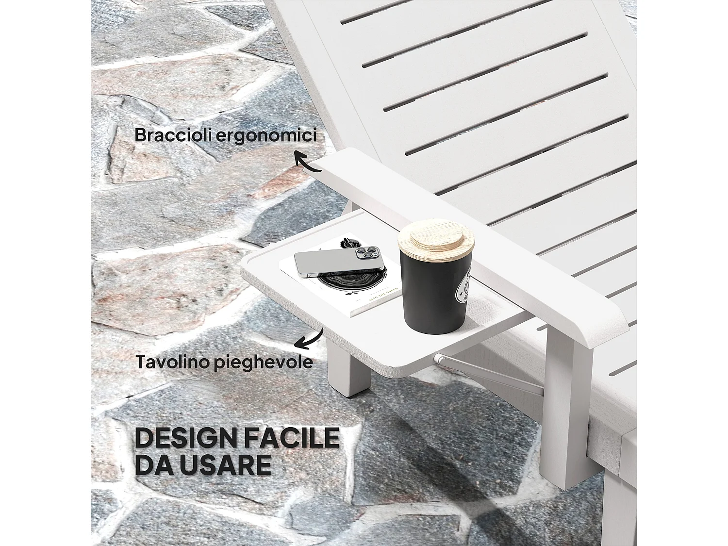 Set 2 sdraio da giardino regolabili con tavolino e braccioli bianco