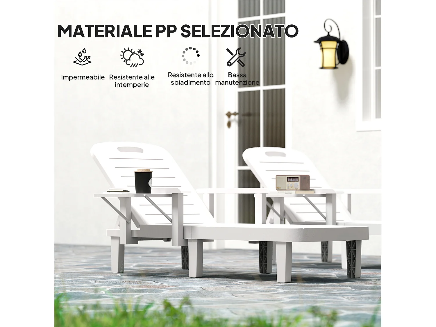 Set 2 sdraio da giardino regolabili con tavolino e braccioli bianco