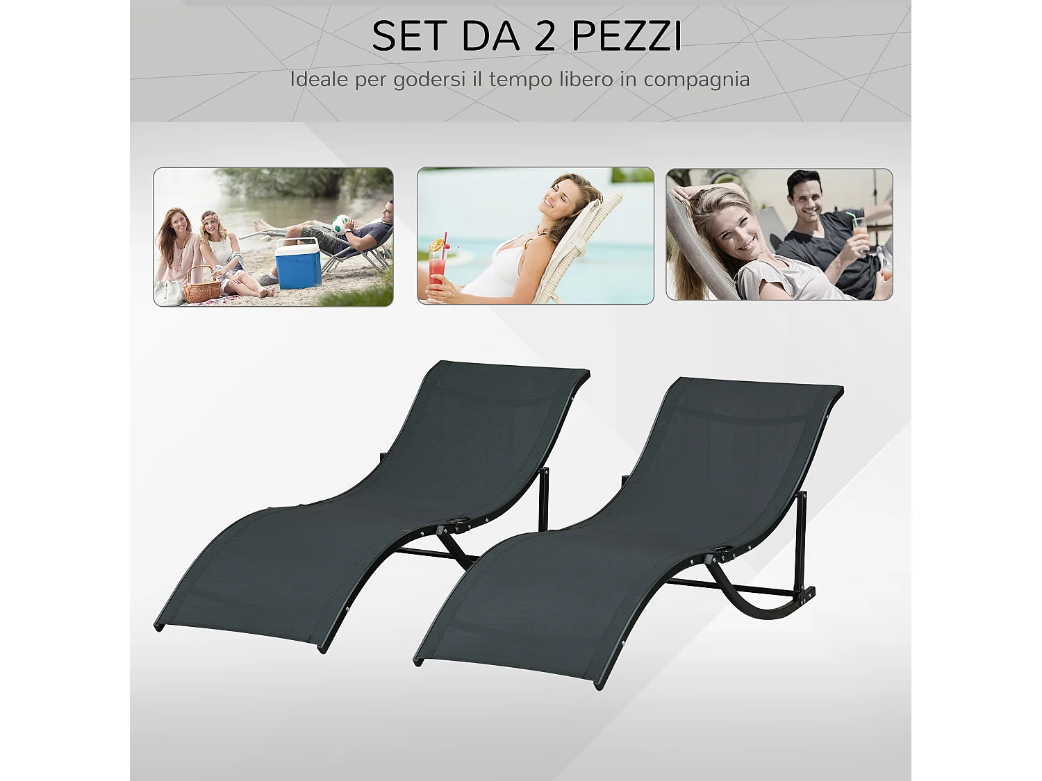 Set 2 sdraio da giardino pieghevoli in alluminio e textilene