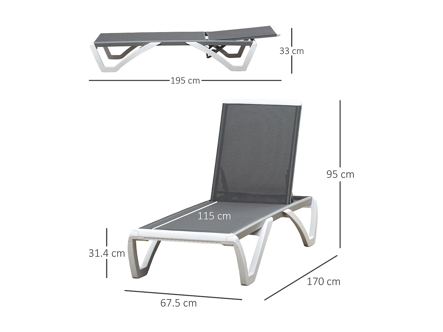 Lettino prendisole con schienale reclinabile su 5 livelli e rotelle