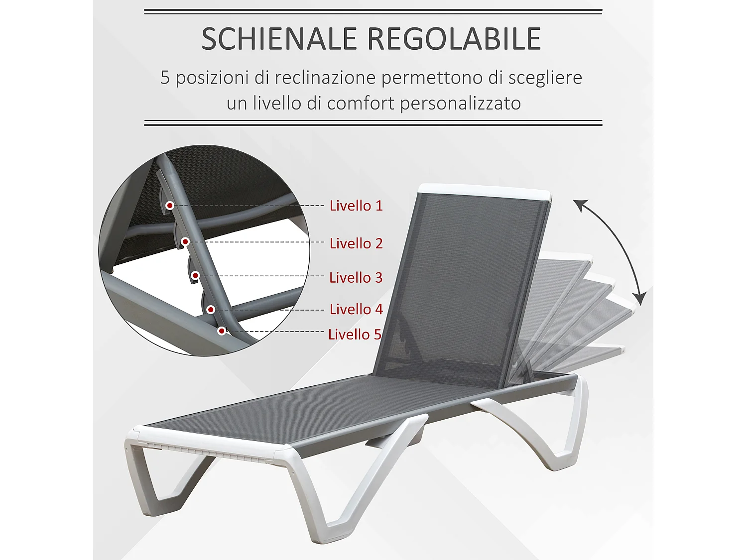 Lettino prendisole con schienale reclinabile su 5 livelli e rotelle