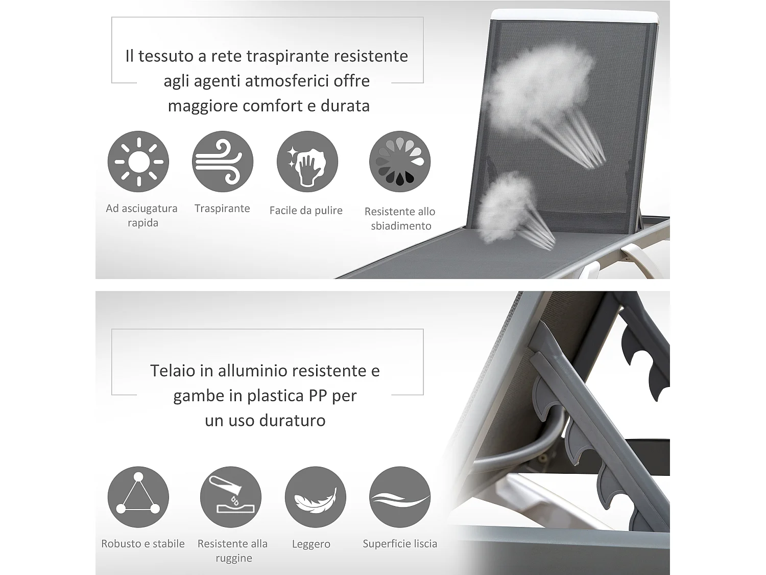 Lettino prendisole con schienale reclinabile su 5 livelli e rotelle