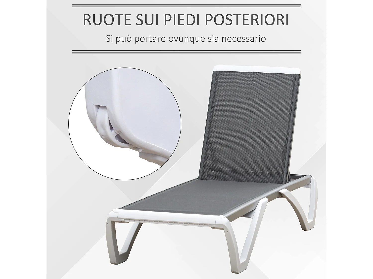 Lettino prendisole con schienale reclinabile su 5 livelli e rotelle