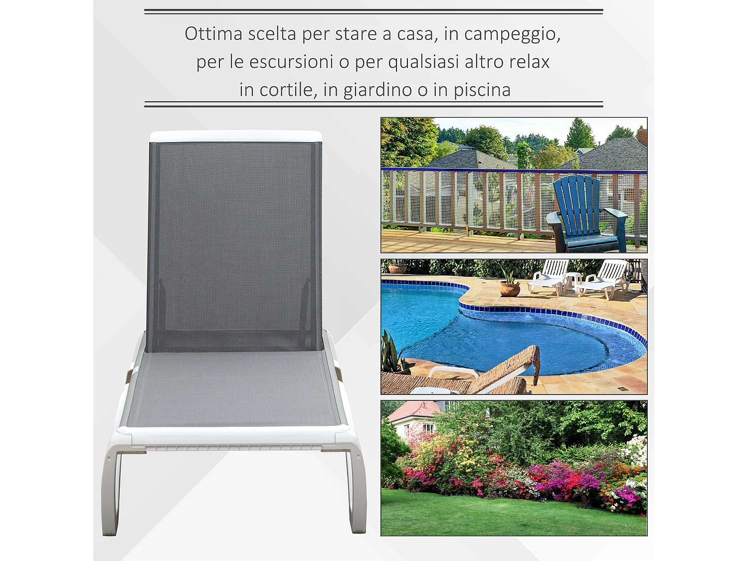 Lettino prendisole con schienale reclinabile su 5 livelli e rotelle