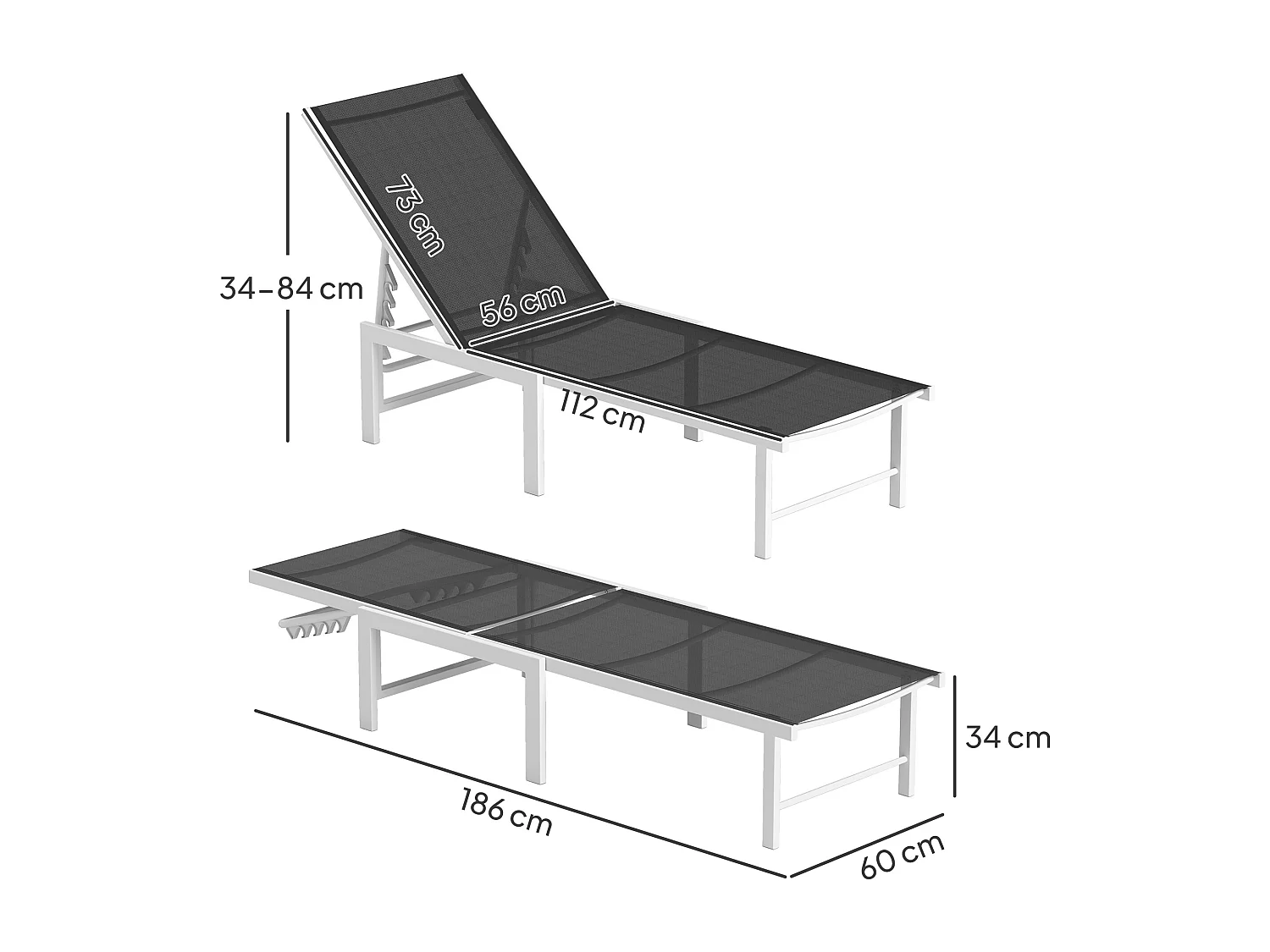 Lettino sdraio con schienale regolabile su 5 livelli bianco e grigio