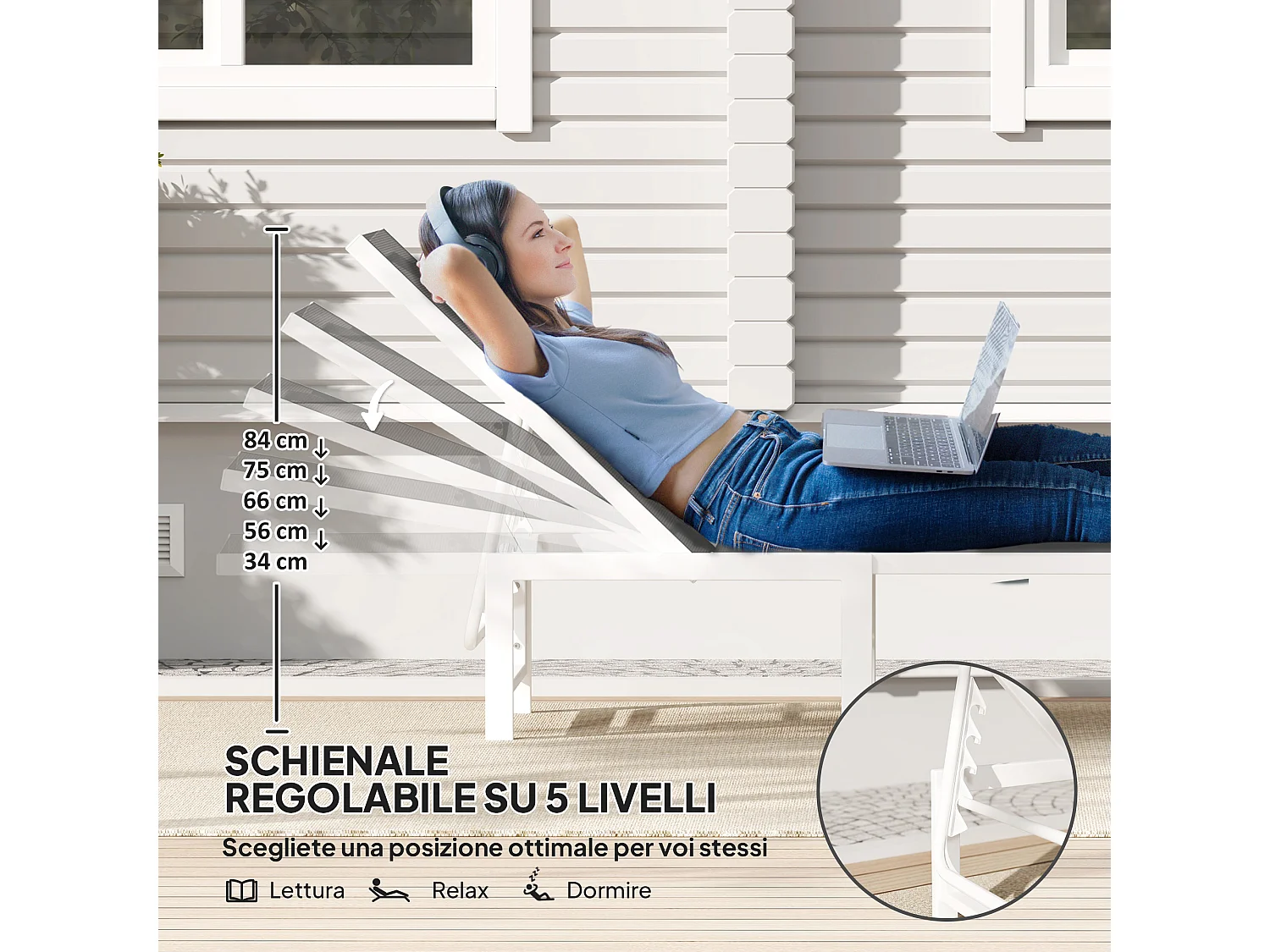 Lettino sdraio con schienale regolabile su 5 livelli bianco e grigio