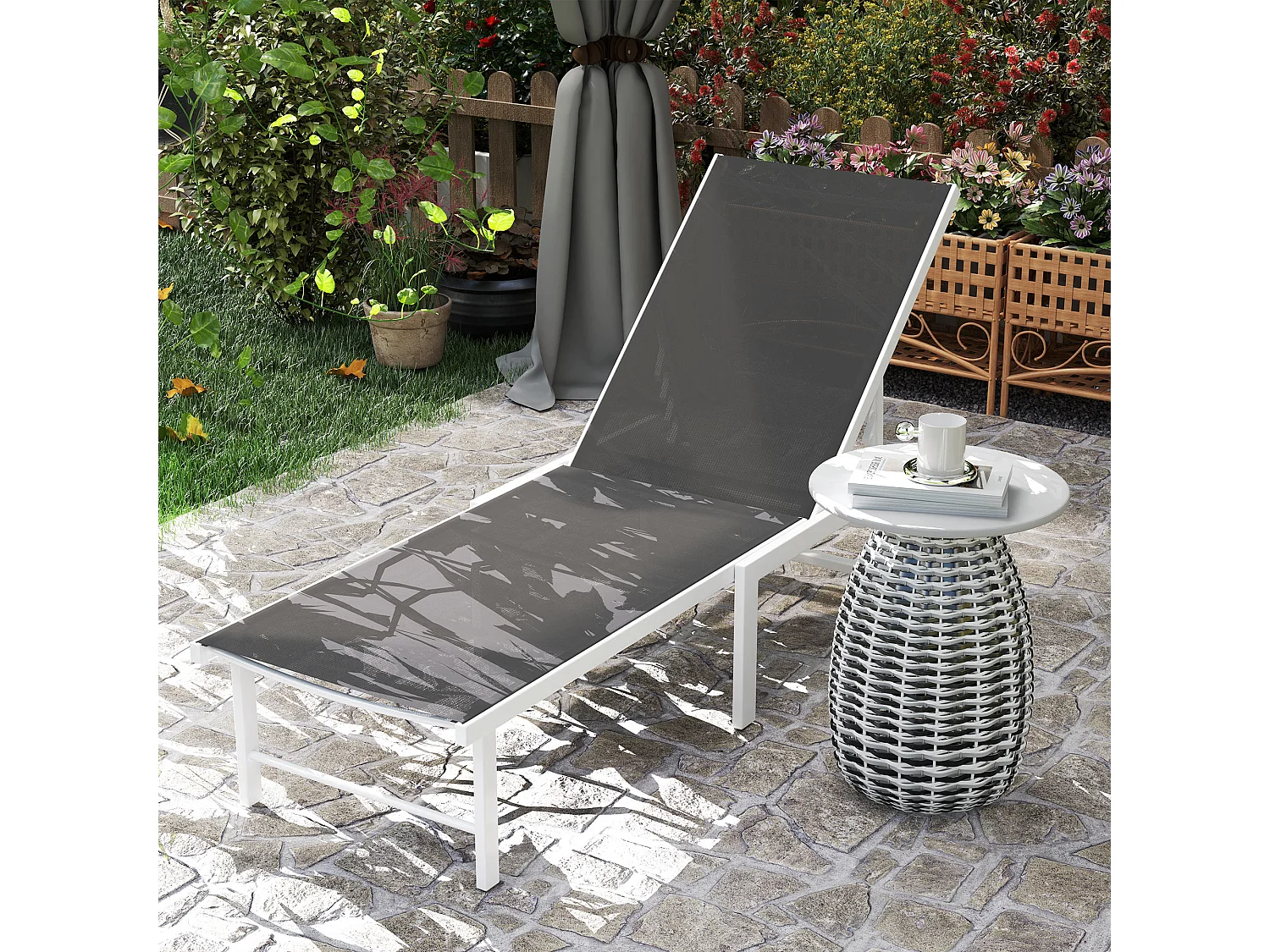 Lettino sdraio con schienale regolabile su 5 livelli bianco e grigio