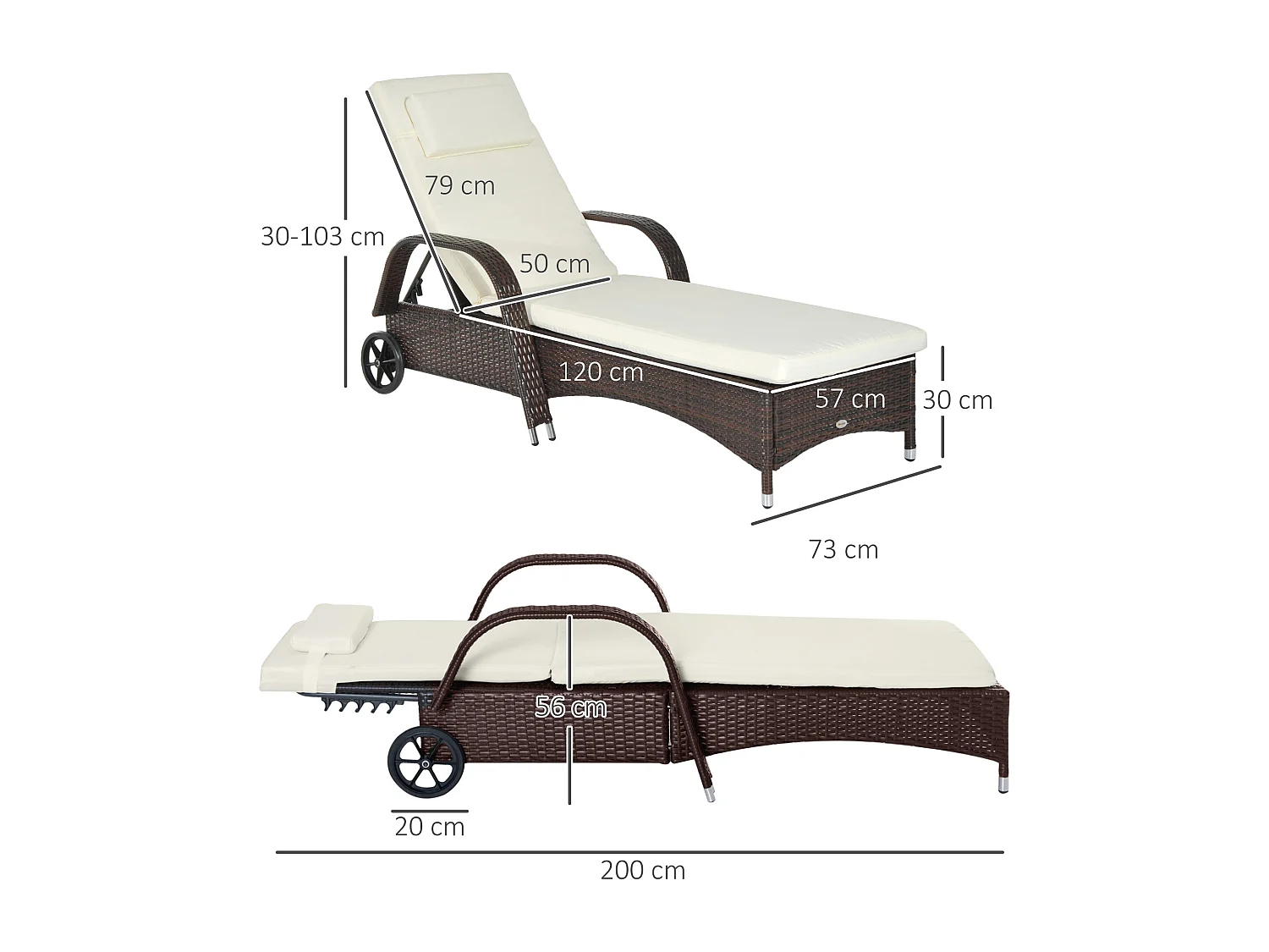 Lettino Prendisole con Ruote e Altezza Regolabile in Rattan per Giardino Spiaggia