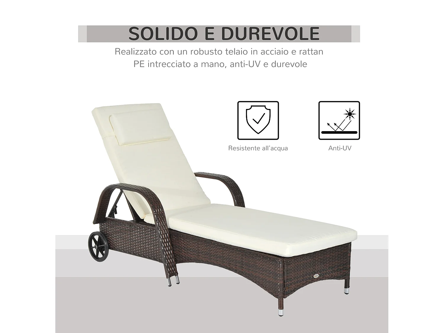 Lettino Prendisole con Ruote e Altezza Regolabile in Rattan per Giardino Spiaggia