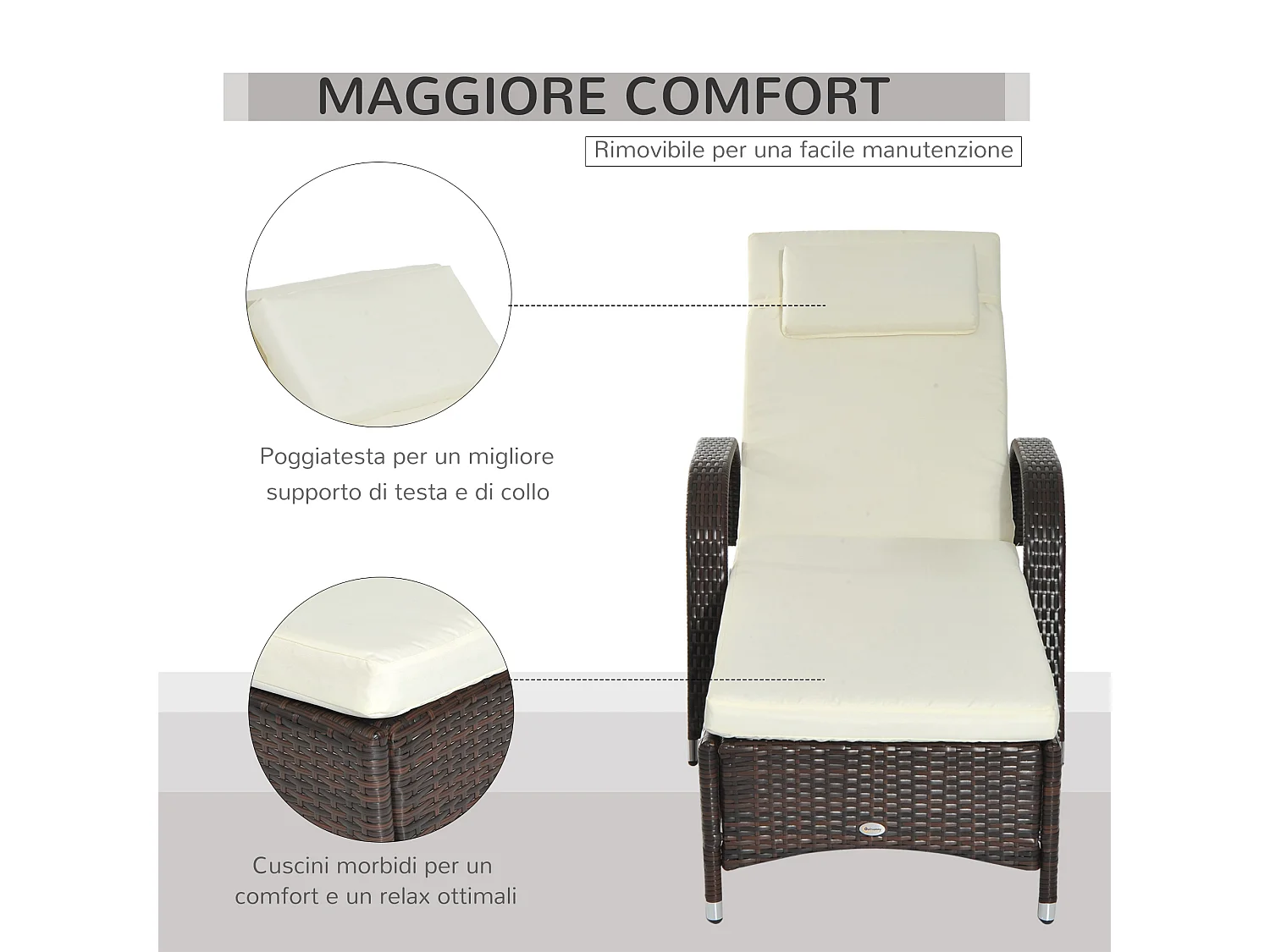 Lettino Prendisole con Ruote e Altezza Regolabile in Rattan per Giardino Spiaggia