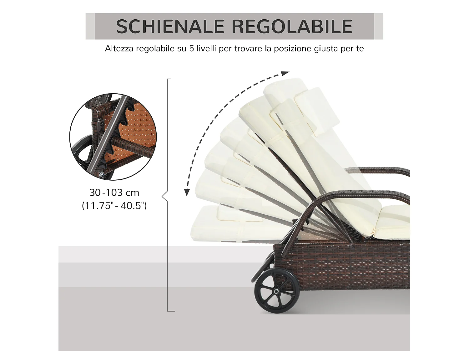 Lettino Prendisole con Ruote e Altezza Regolabile in Rattan per Giardino Spiaggia