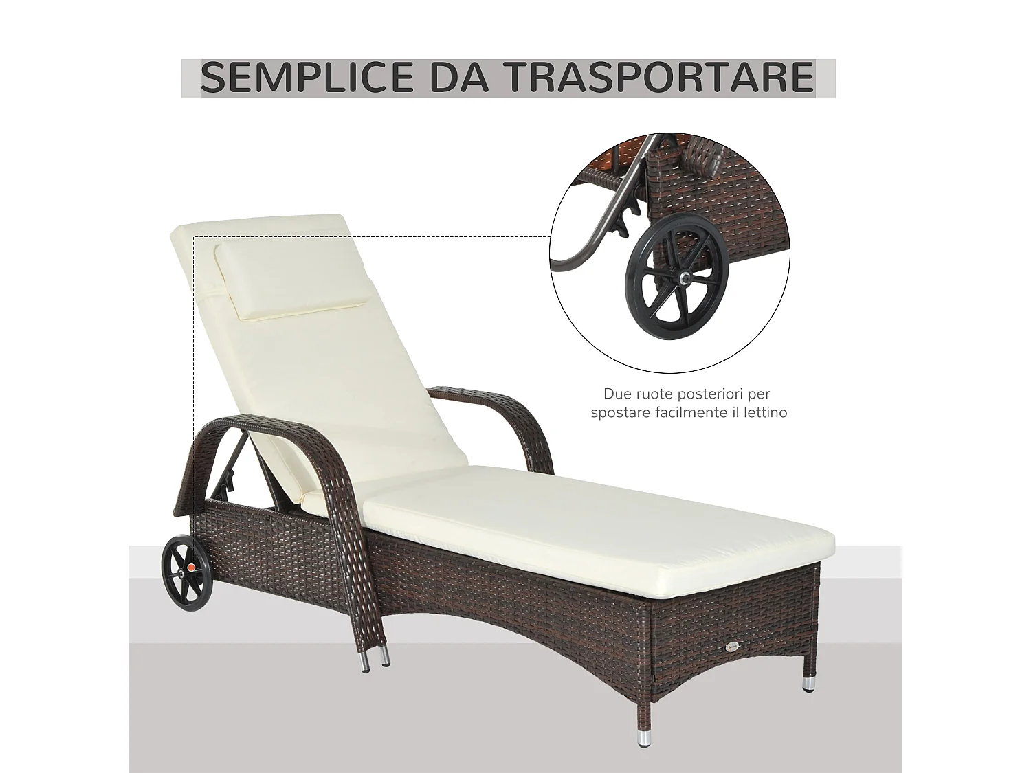 Lettino Prendisole con Ruote e Altezza Regolabile in Rattan per Giardino Spiaggia