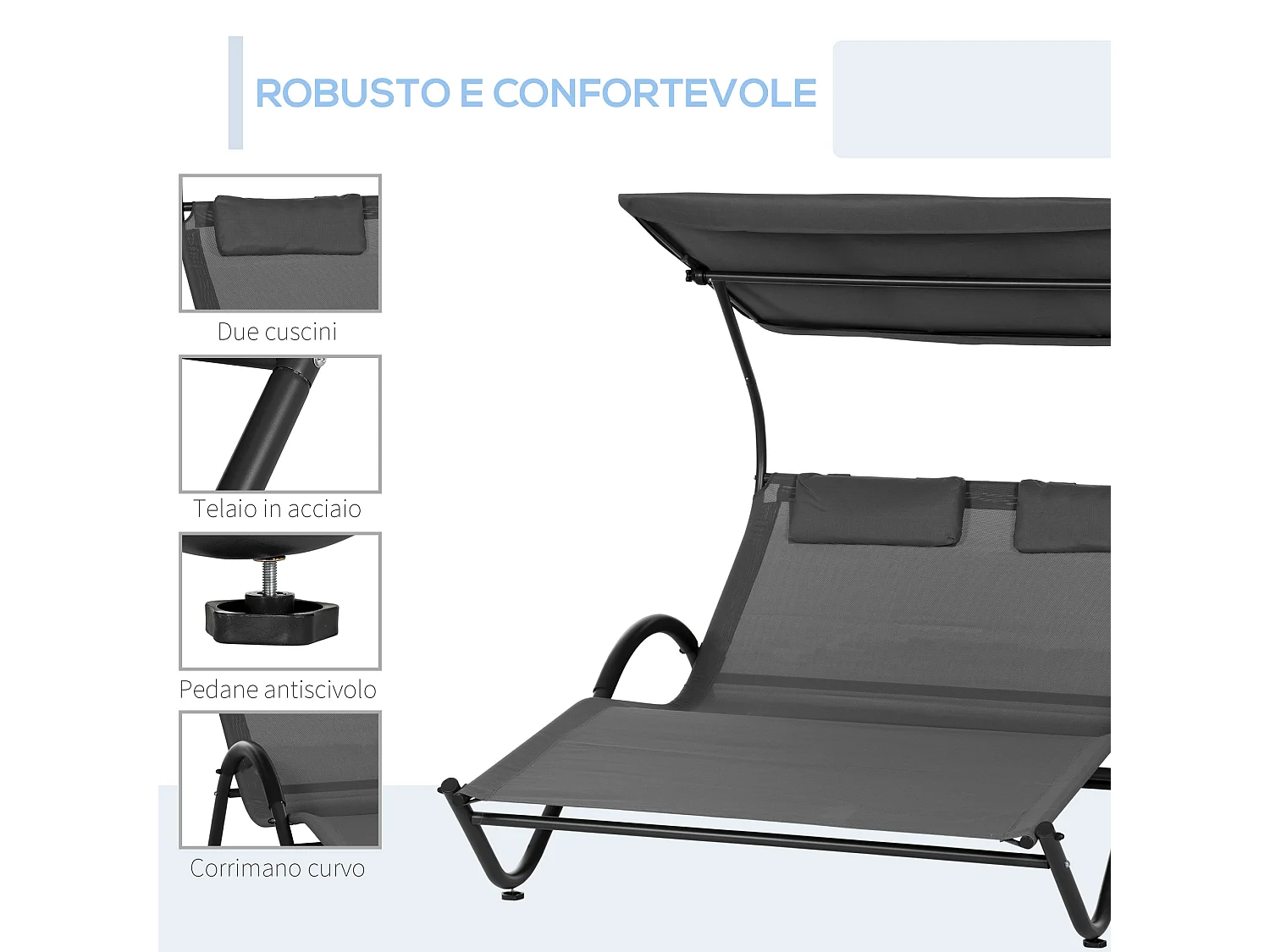 Lettino prendisole a 2 posti con poggiatesta e tettuccio