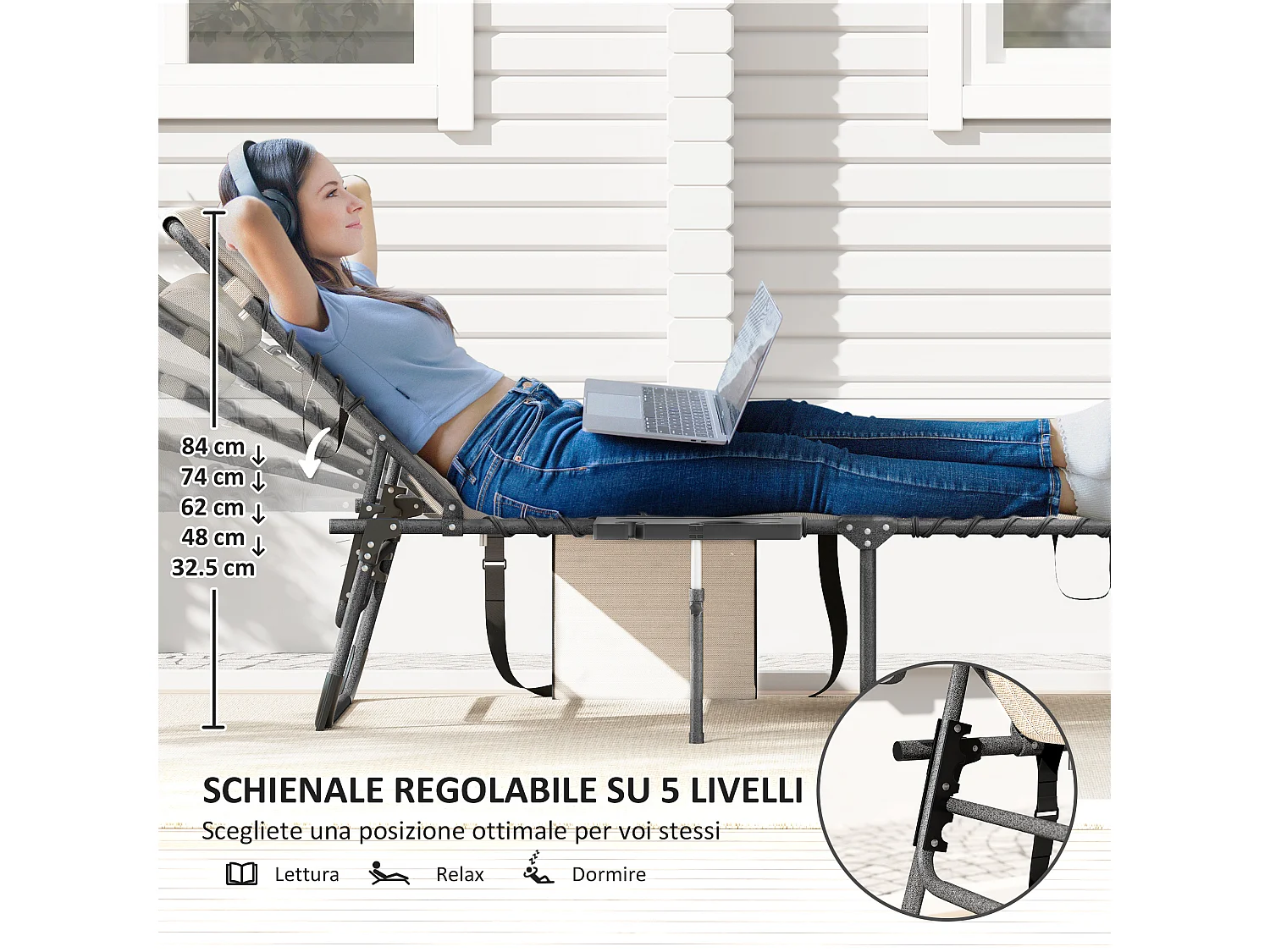 Sdraio da giardino pieghevole e reclinabile a 5 livelli crema