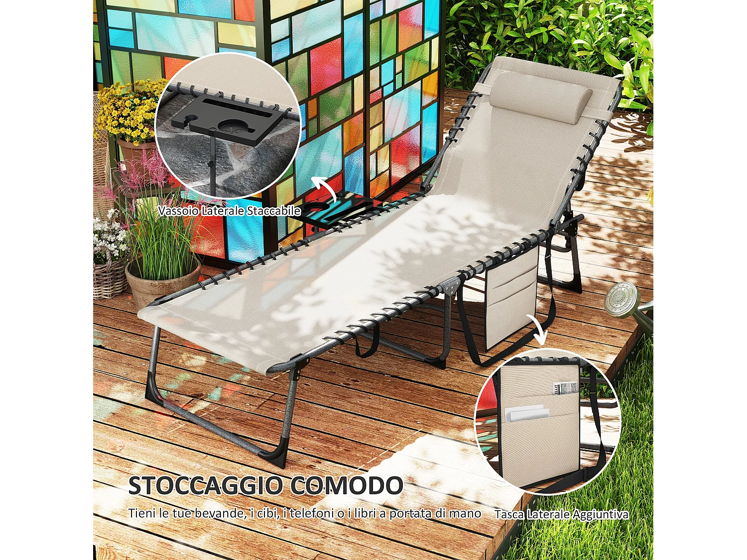 Sdraio da giardino pieghevole e reclinabile a 5 livelli crema