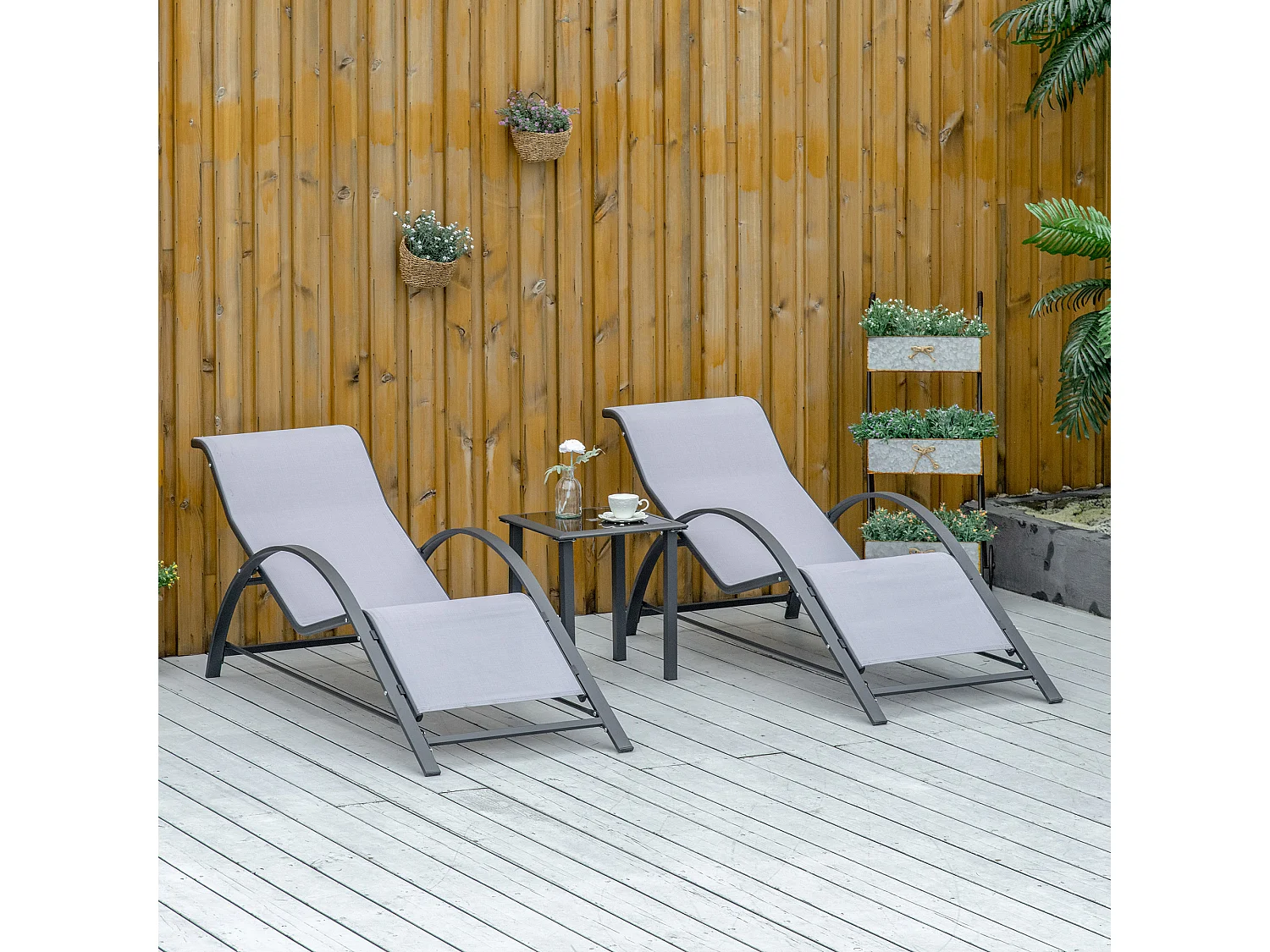 Set 2 sdraio da giardino e tavolino con piano in vetro grigio chiaro